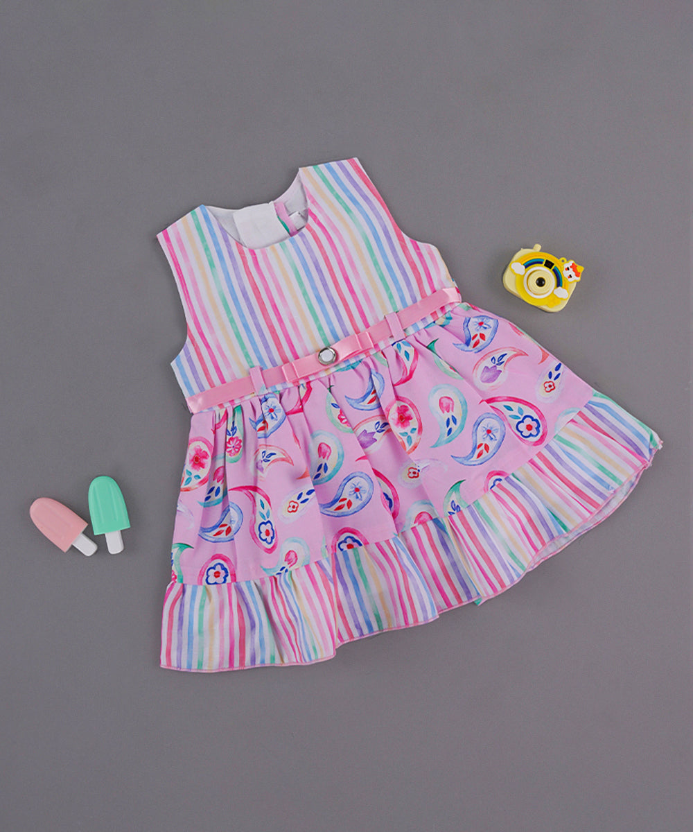 Rainbow Stripe & Paisley Print Baby Frock with Waist Bow