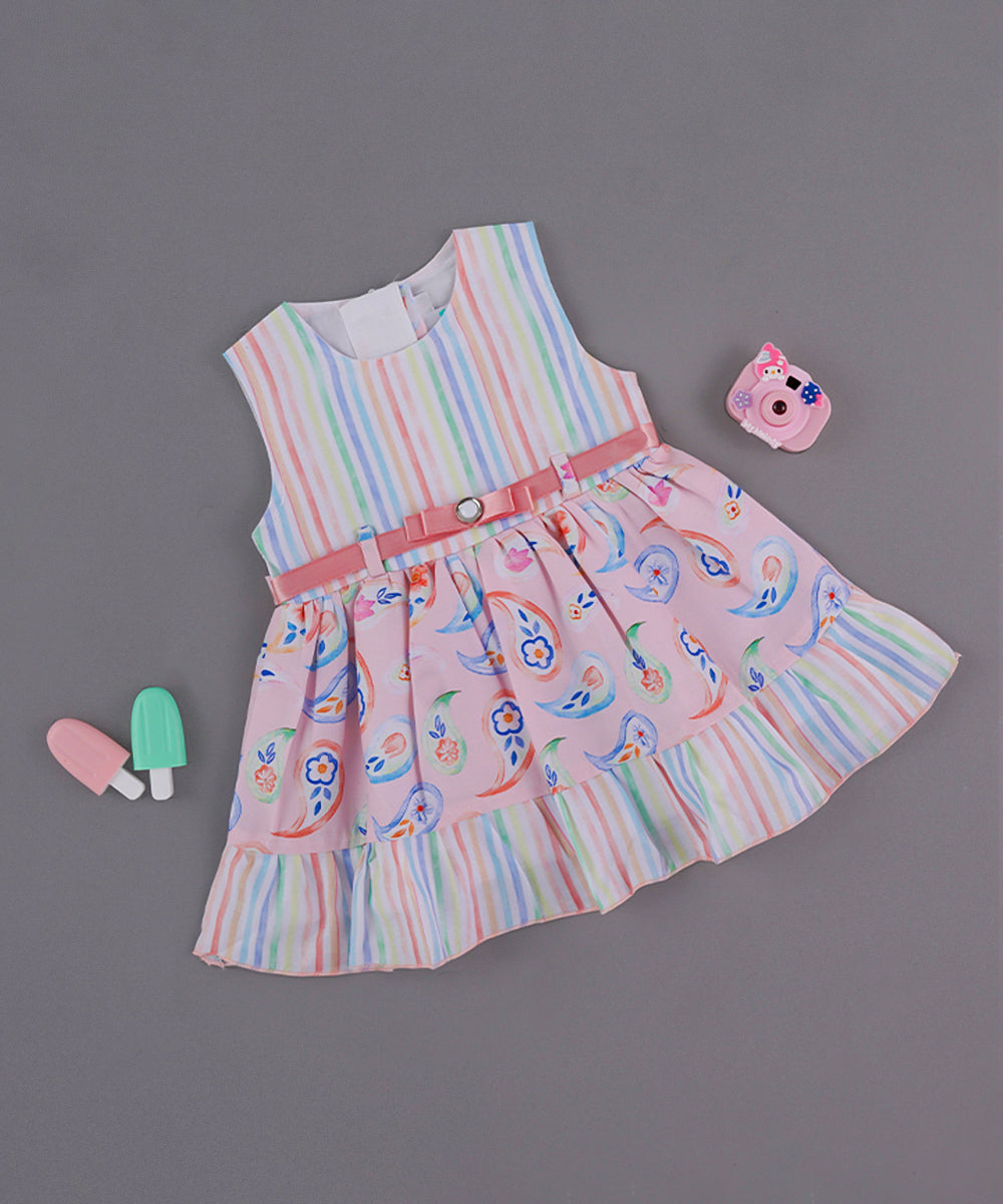 Pastel Rainbow & Paisley Printed Baby Frock with Bow Accent