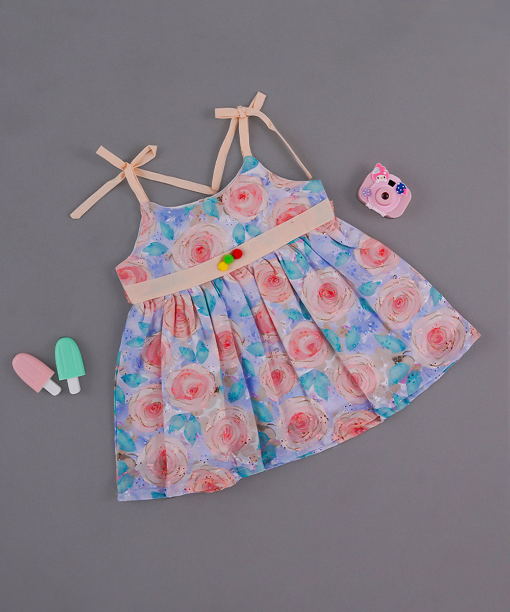 Floral Summer Frock with Peach Tie Straps & Pom Pom Belt
