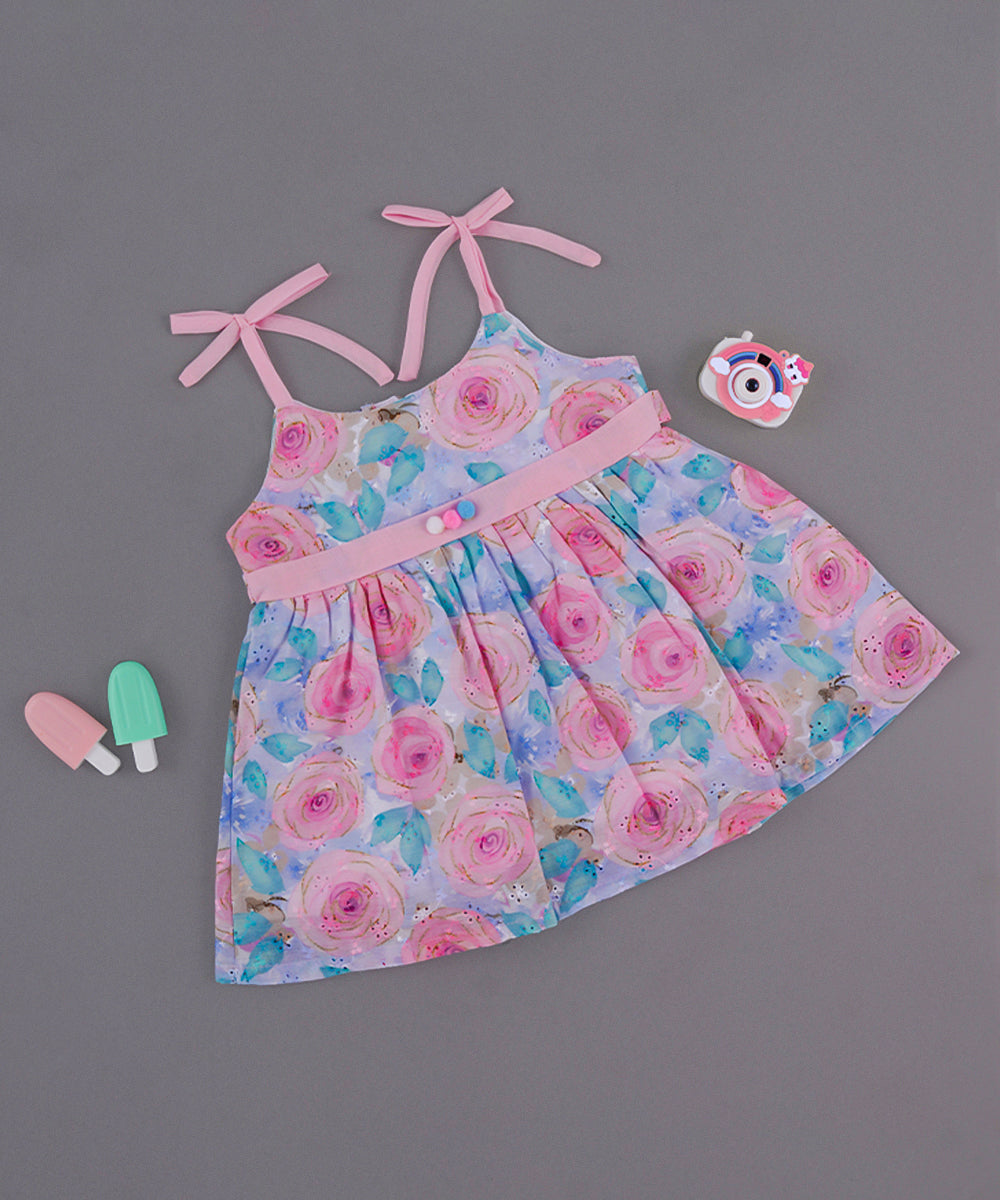 Pink Rosy Garden Tie-Shoulder Frock with Pom Pom Belt