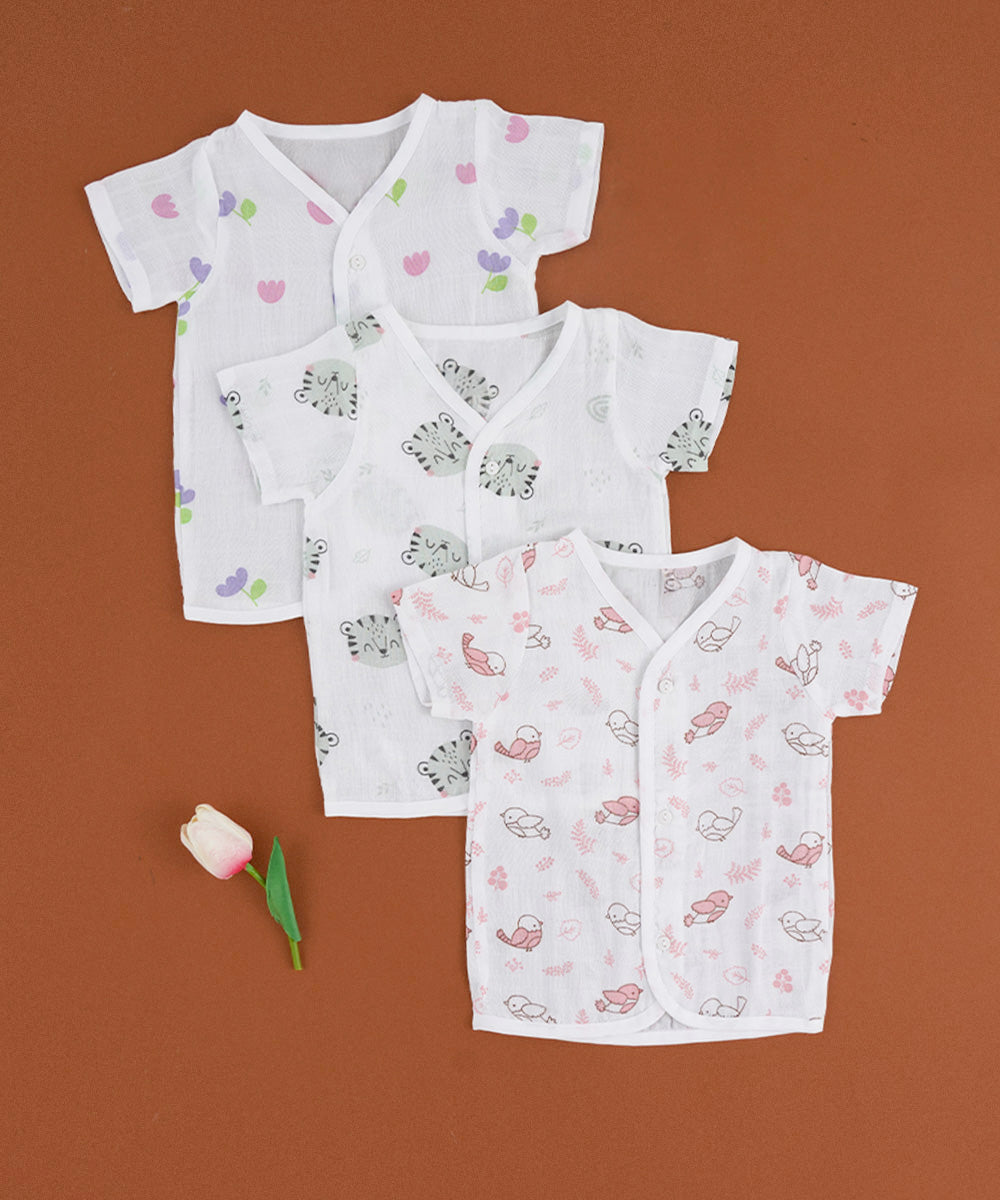 Muslin Cotton Half Sleeve Jabla Set – Pack of 3 (Tulip, Tiger & Bird Prints) 🌸🐯🐦