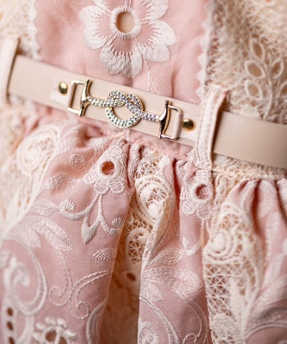 Baby Girl's Beige Lace Party Dress with Belt