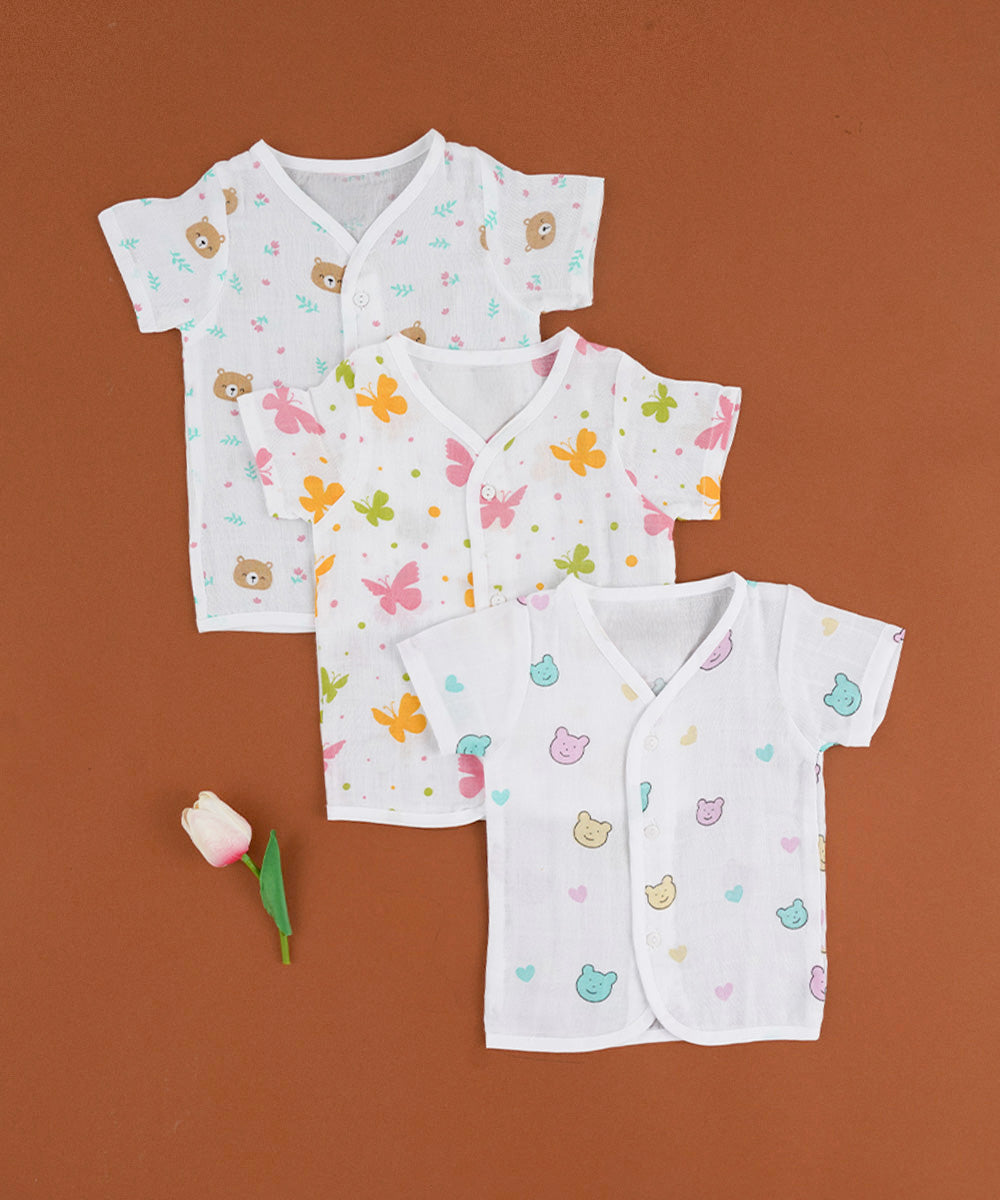 Muslin Cotton Half Sleeve Jabla Set – Pack of 3 (Bear, Butterfly & Teddy Prints) 🐻🦋💛