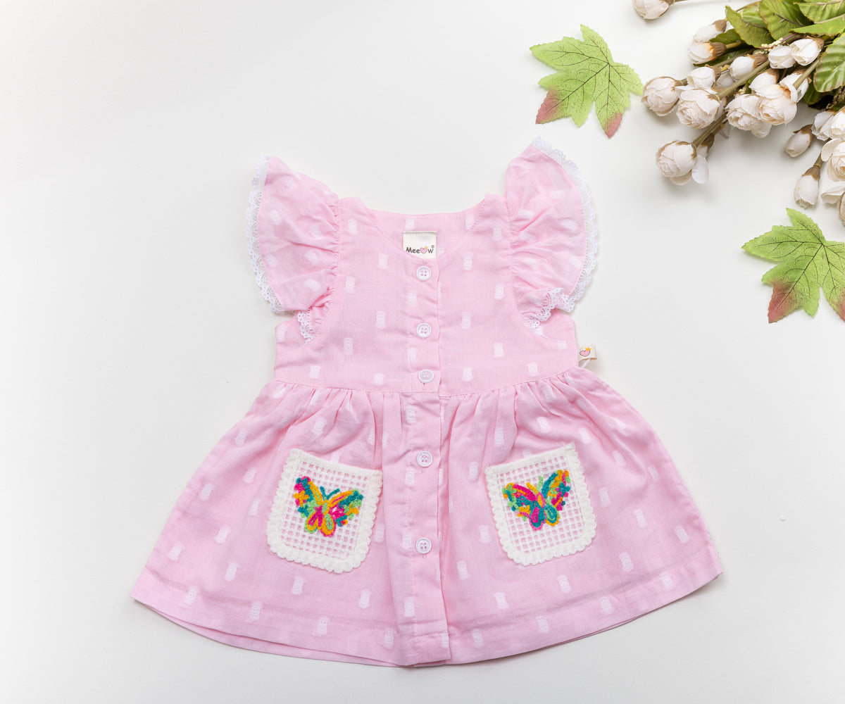 Pink Cotton Baby Dress with Butterfly Embroidery – Cute & Comfortable