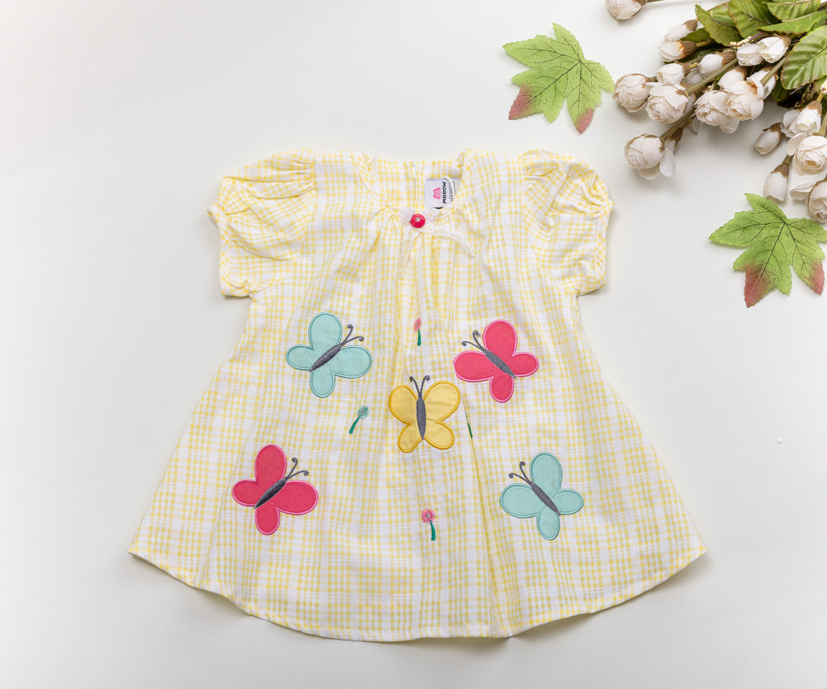 Yellow Plaid Baby Dress with Colorful Butterfly Appliqués – Light & Playful