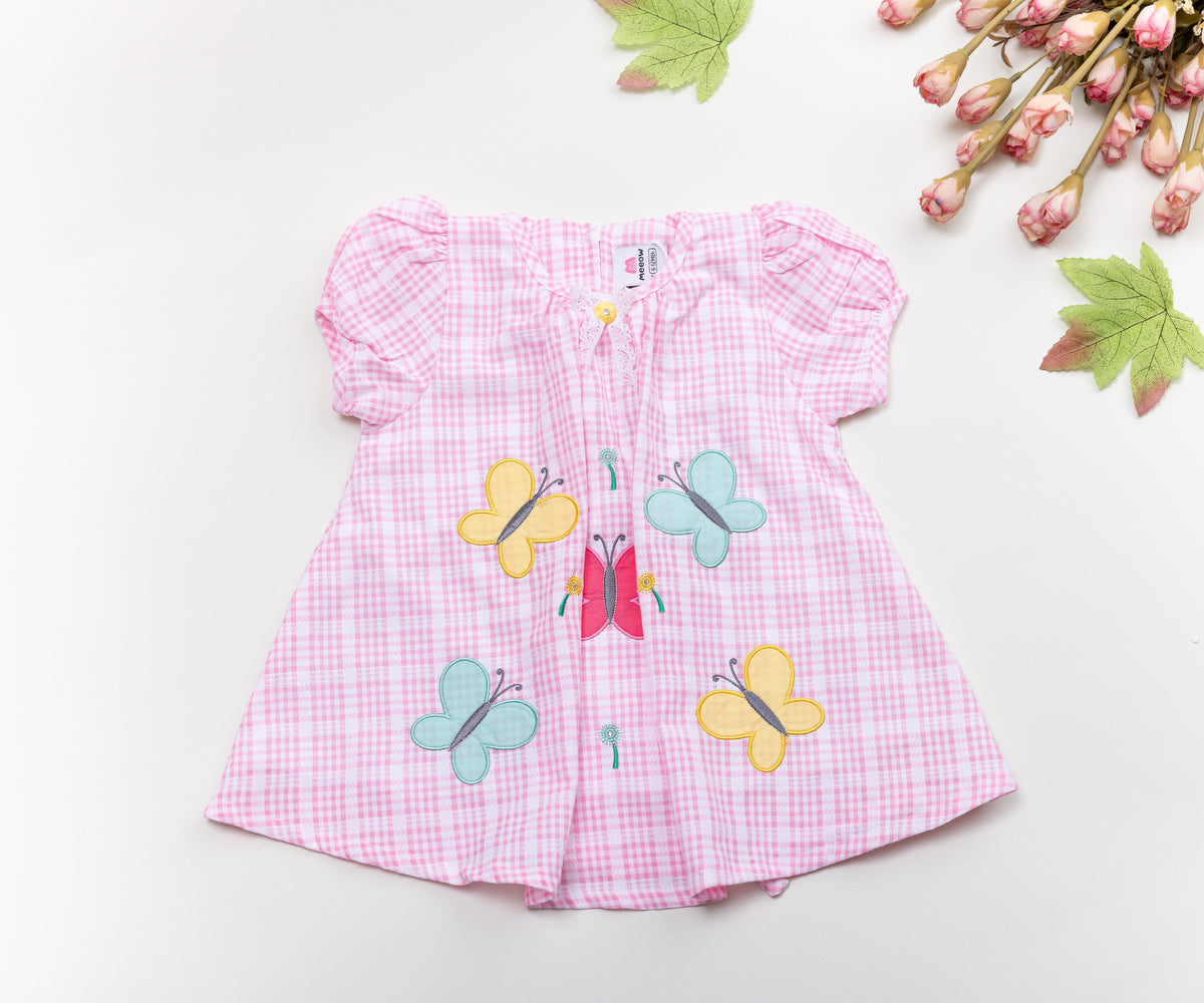 Pink Plaid Baby Dress with Butterfly Appliqués – Light & Playful
