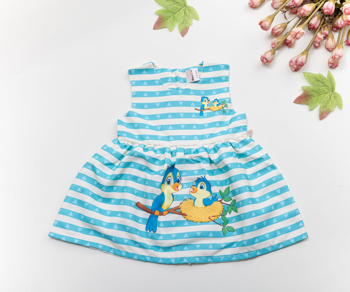 Blue Striped Baby Dress with Bird Print – Cute & Playful