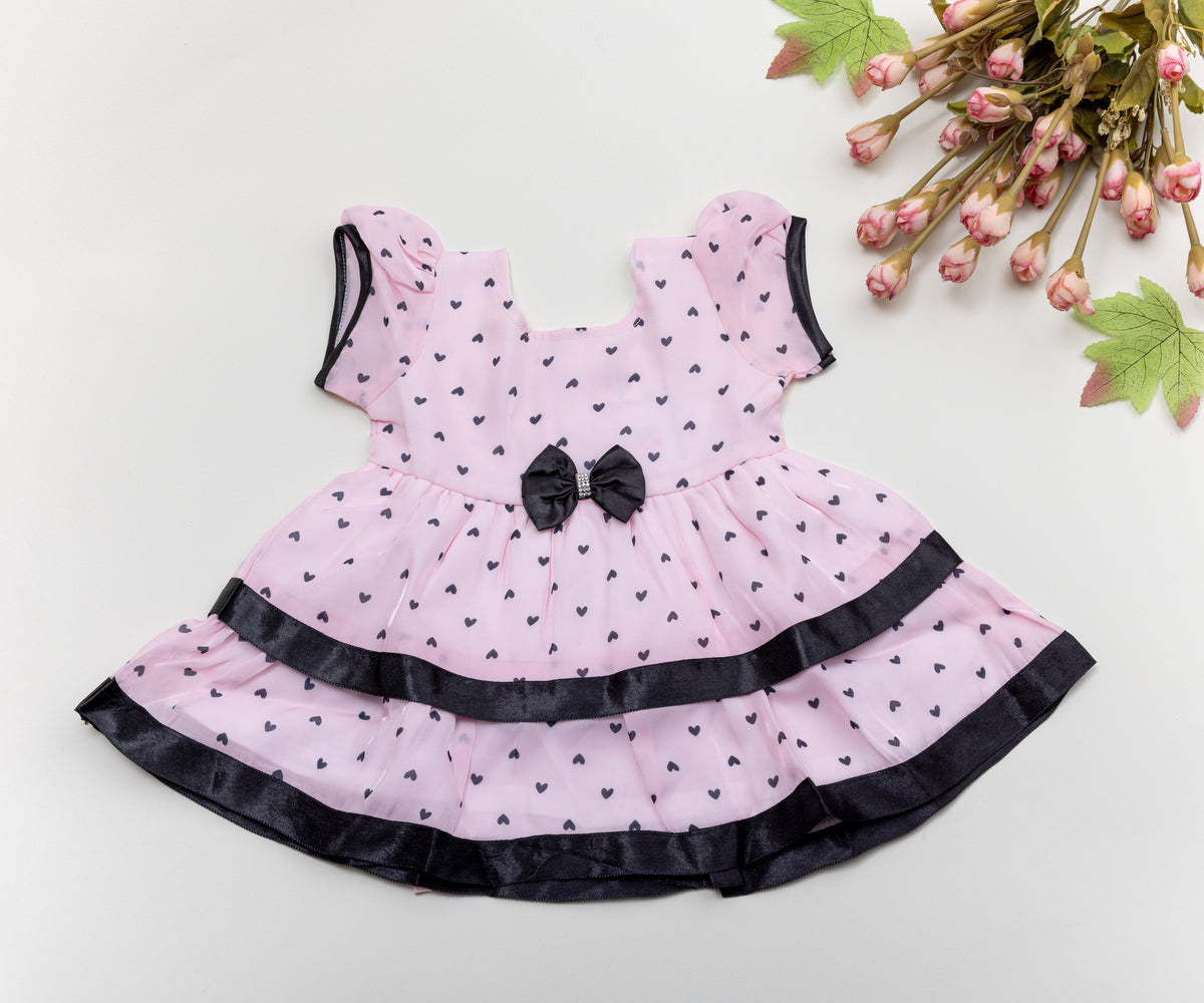 Elegant Pink & Black Heart Print Frock – Stylish & Chic