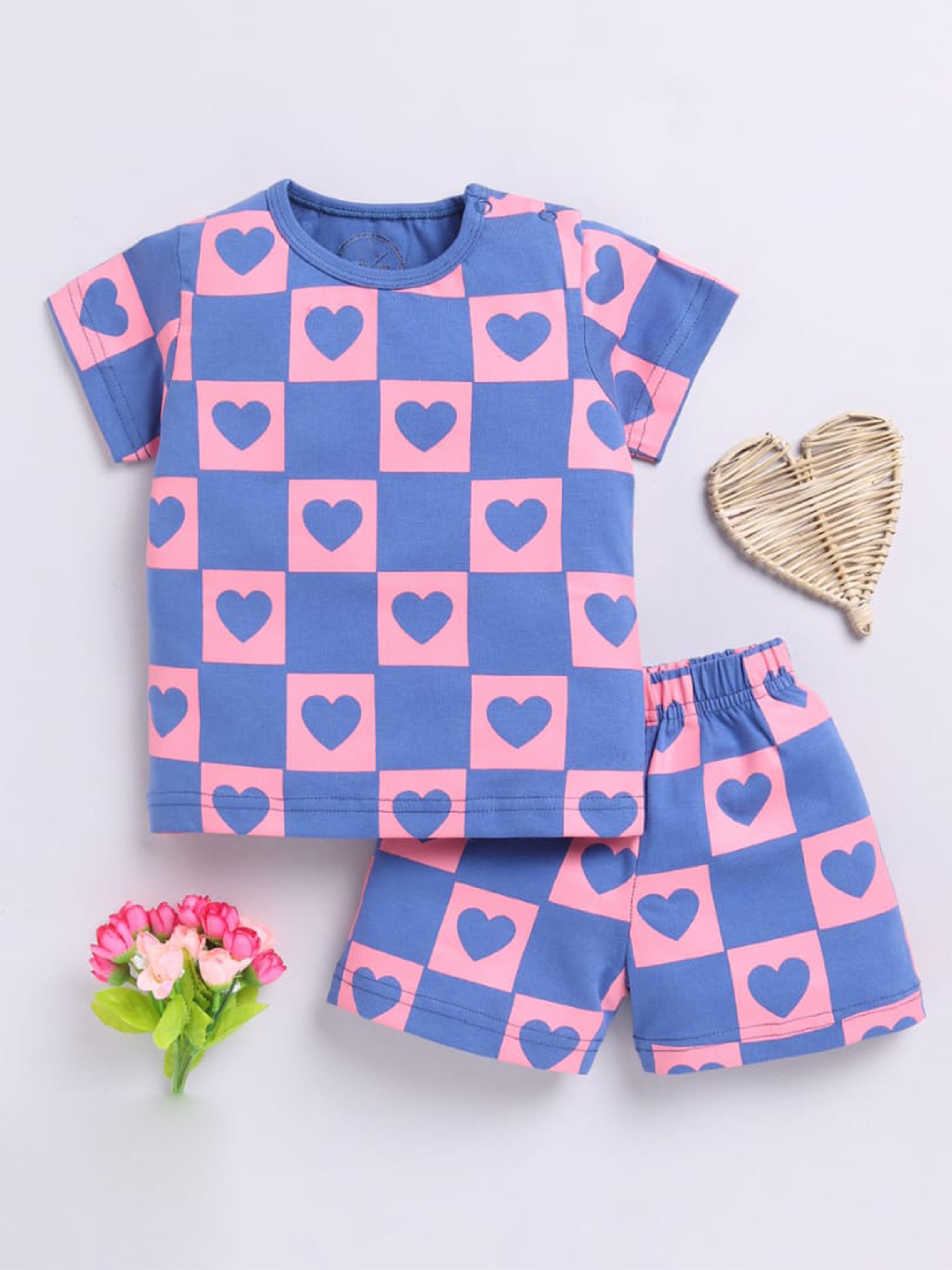 Love Check Heart Print Co-ord Set – Blue & Pink