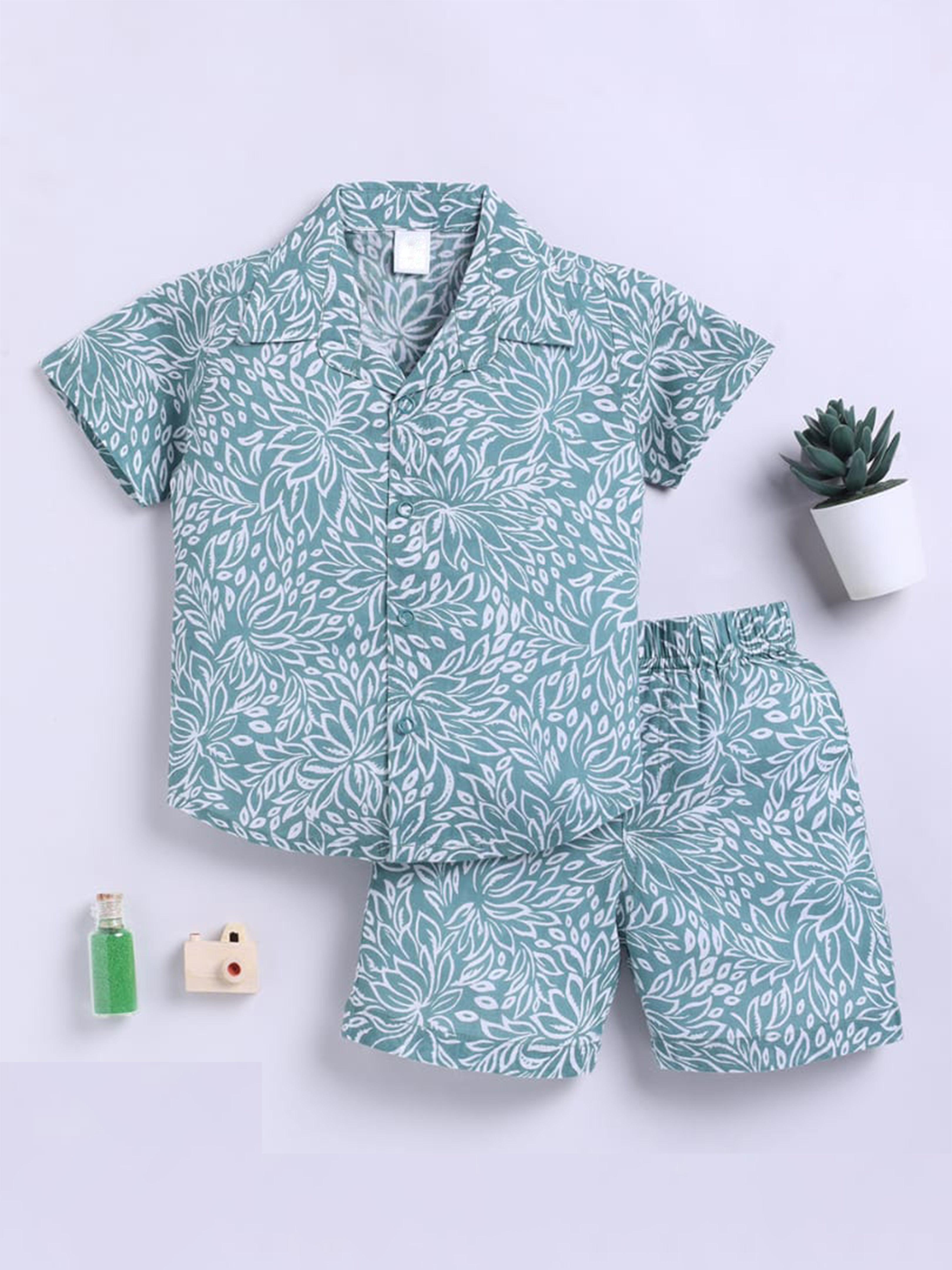 Leafy Green Floral Co-Ord Shirt & Shorts Set for Boys