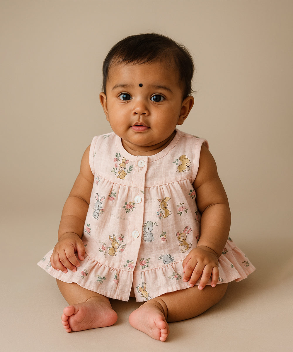 🐰 Pink Bunny Muslin Frock – Adorable & Gentle