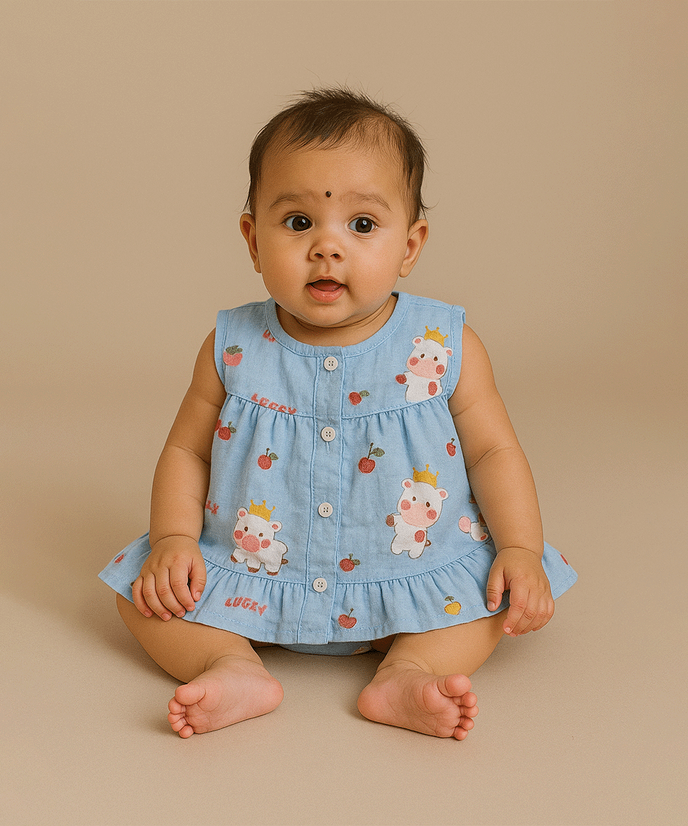 🐮 Blue Muslin Frock with Cow & Apple Print – Super Soft