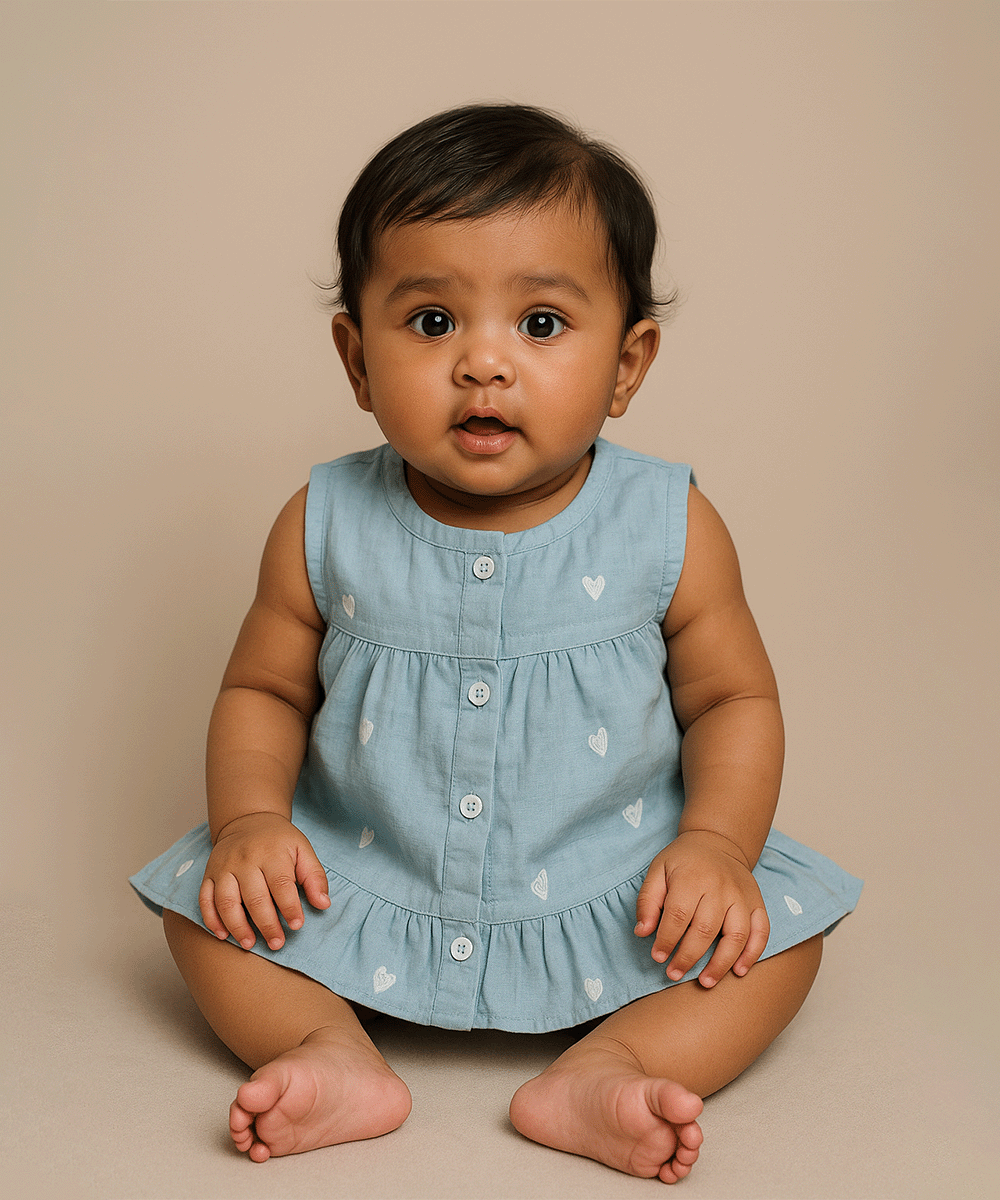 💙 Soft Blue Muslin Frock with White Heart Print