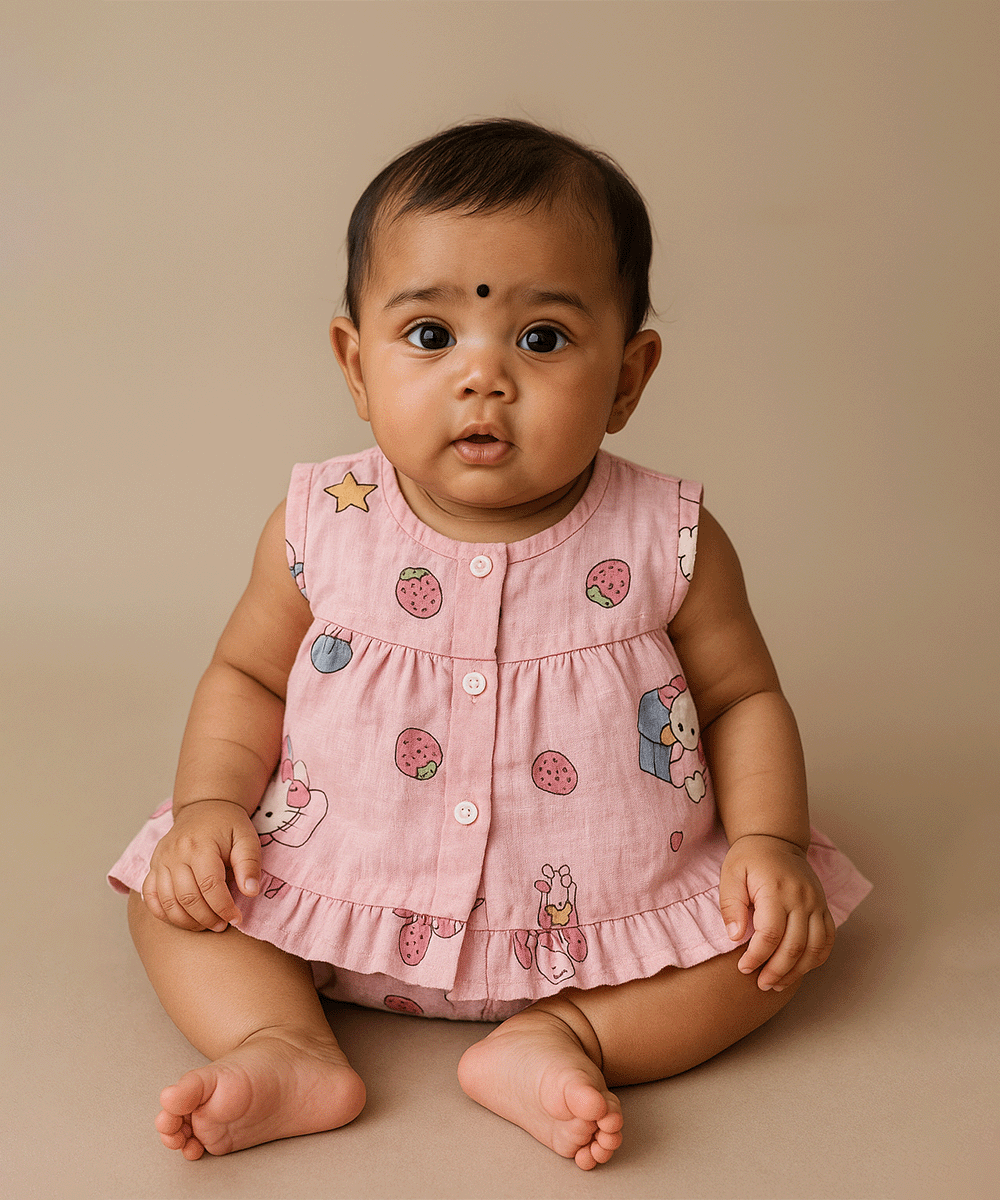 🌸 Pink Muslin Cotton Frock with Cartoon & Strawberry Prints