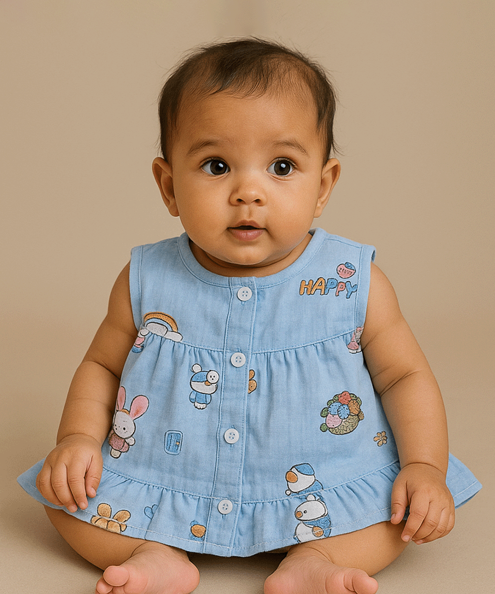 💙 Blue Muslin Cotton Frock with "Happy" Cartoon Prints