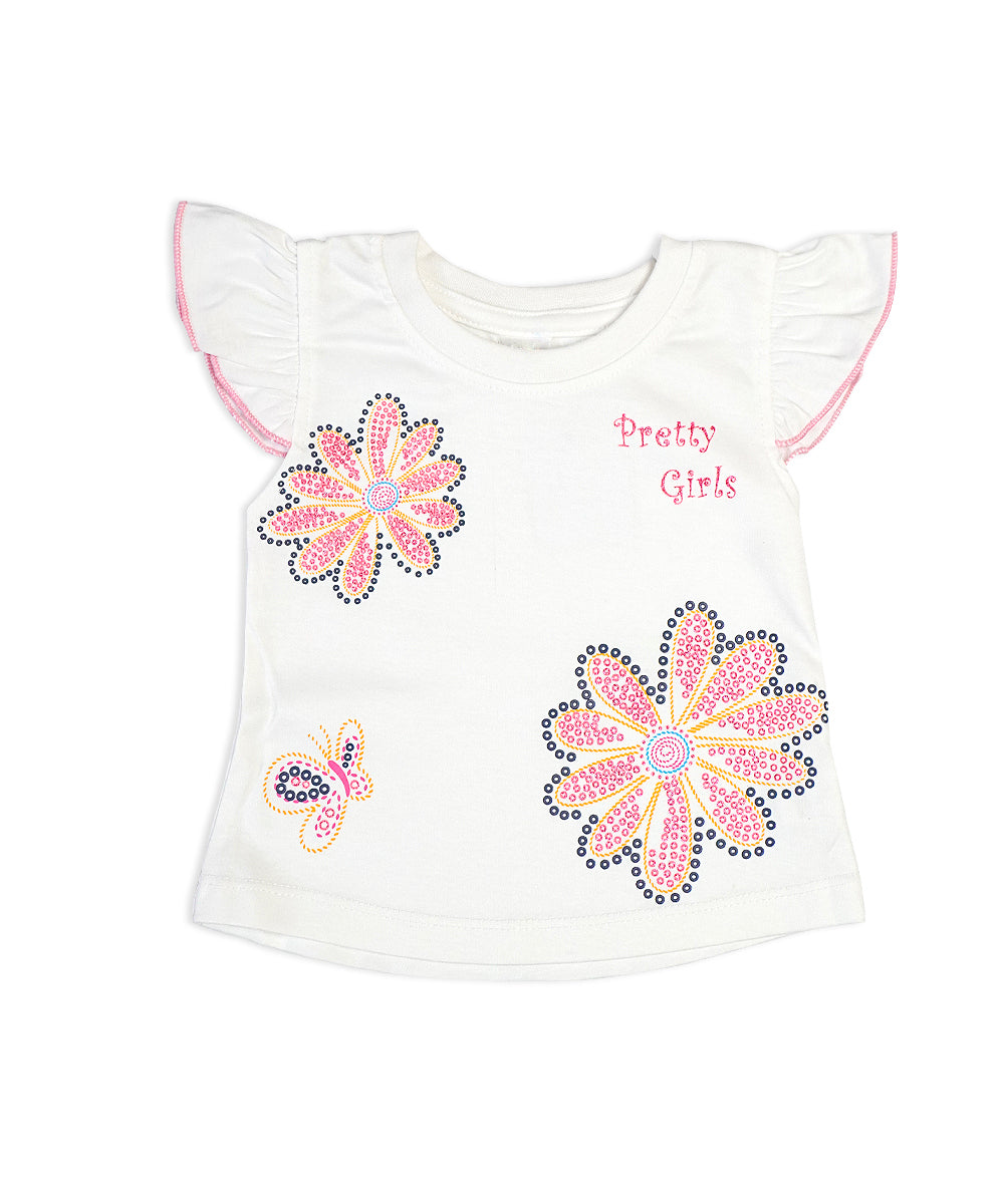 Pretty White Top & Pink Skirt Set with Floral Design