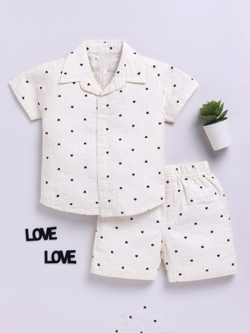 Cream Heart-Printed Co-ord Set for Boys 🖤🤍